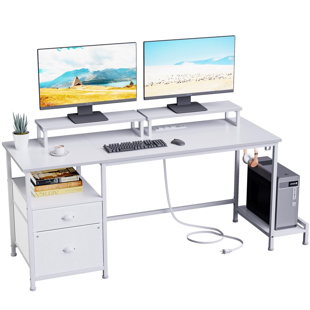 改Furologee Computer Desk with Drawer and Power Outlets, 47" Office Desk with 2 Monitor Stands and Fabric File Cabinet, Writing Gaming Table with Shelves and 2 Hooks for Home Office, Rustic Brown