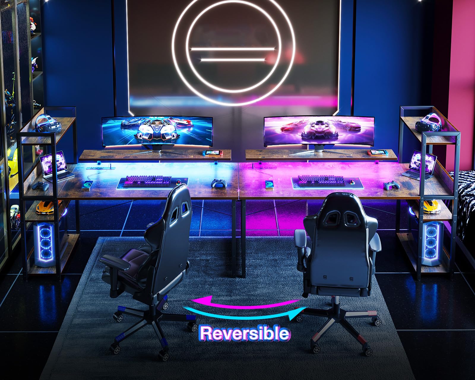 ODK Reversible Gaming Desk with USB Charging Port and LED Lights, 40 Inch Computer Desk with Storage Shelves &amp; Monitor Stand, Study Table for Home Office, Small Space Bedroom, Carbon Fiber Black