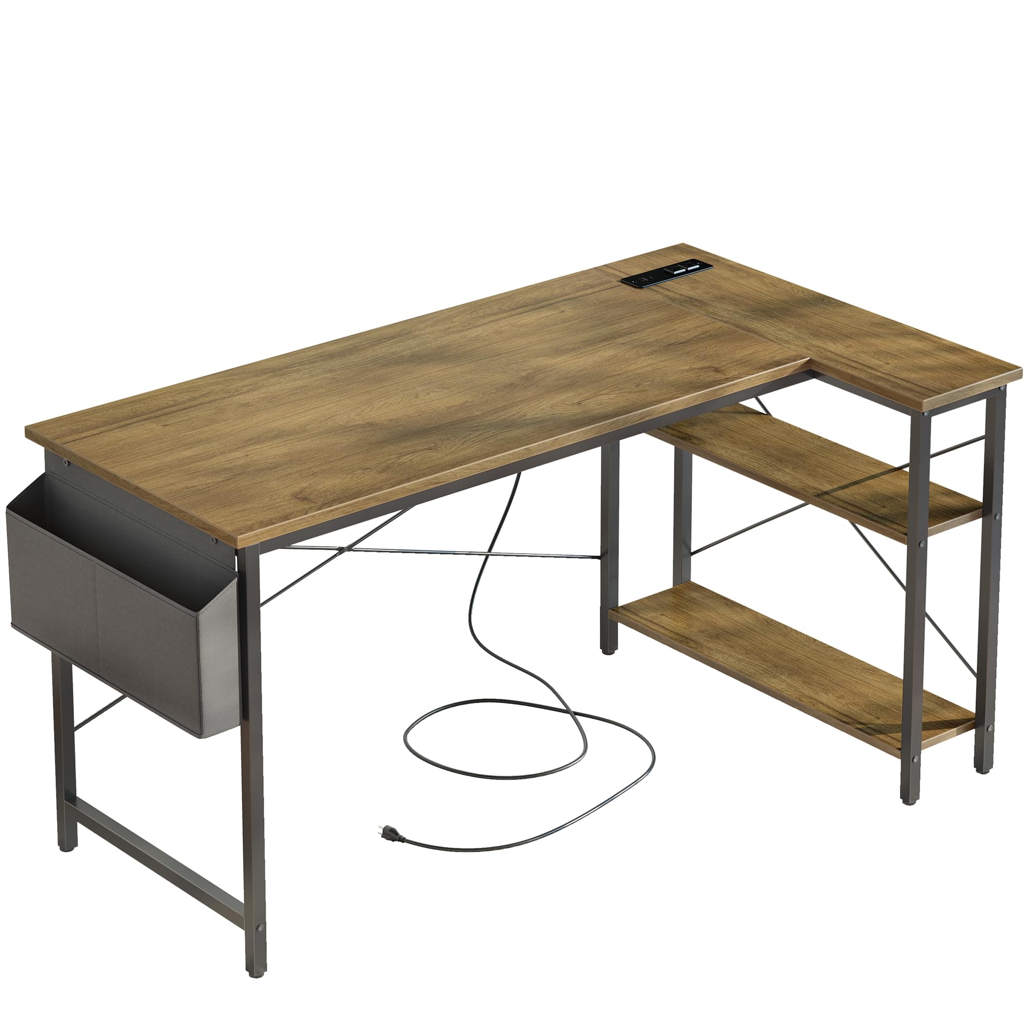 TIQLAB Small Computer Desk with Power Outlets, 40 Inch L Shaped Desk with Reversible Shelves, Gaming Desk Corner Desk Study Writing Table for Home Office Bedroom Living Room, Black