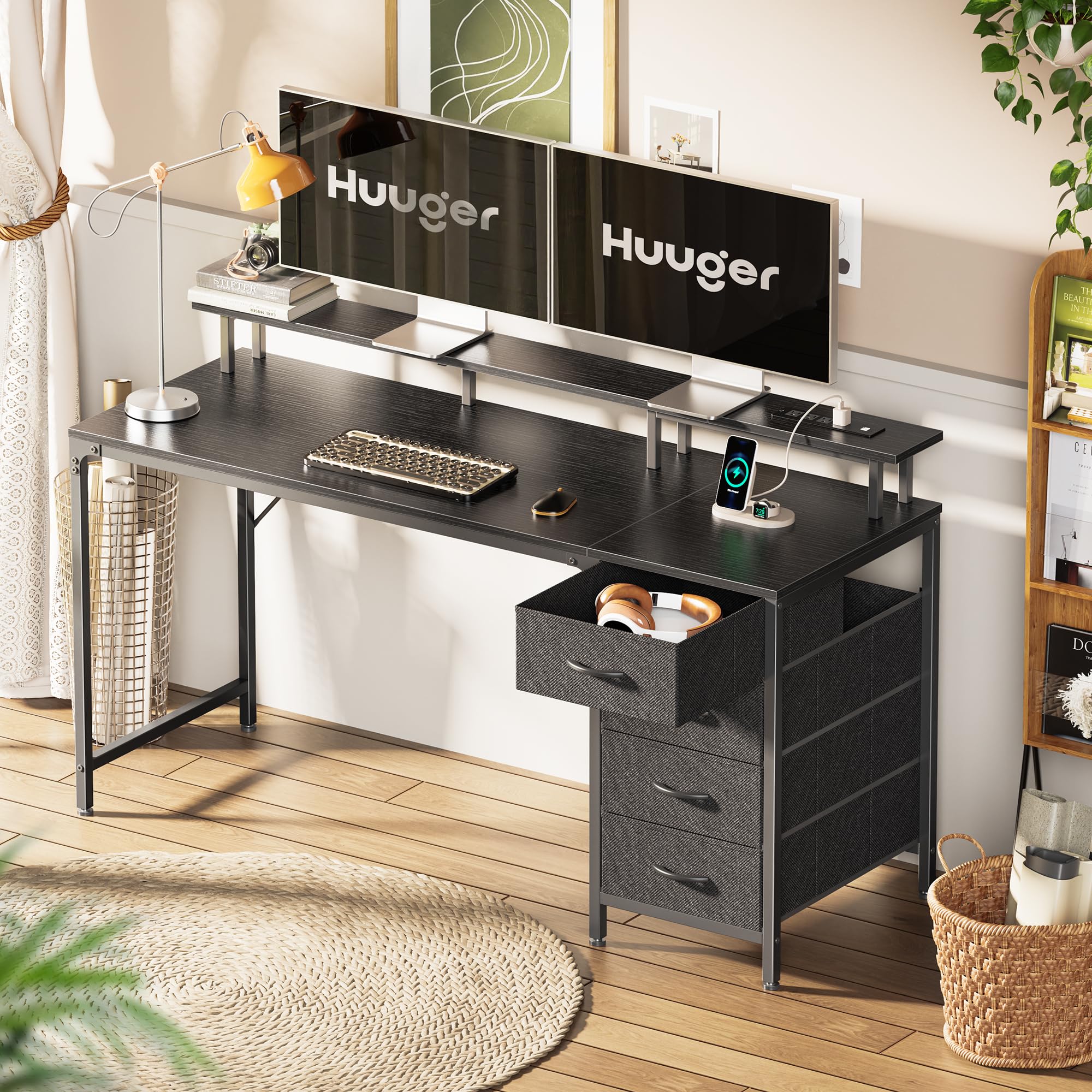47 Inch Computer Desk with Power Outlets and LED Lights, Gaming Desk with 4 Drawers, Office Desk with Monitor Stand, Study Desk Work Desk for Home Office, Small Spaces, Black