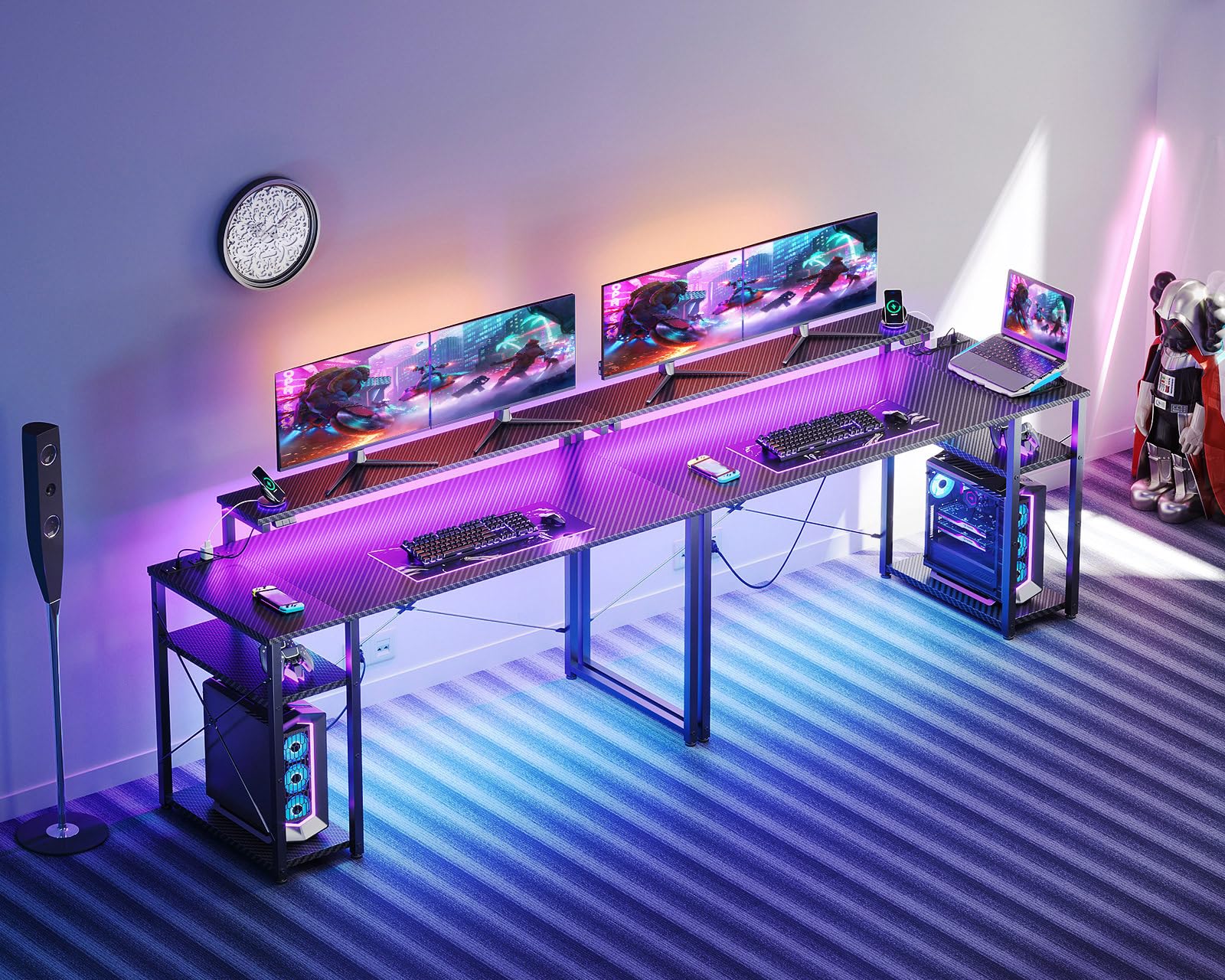 改MOTPK Gaming Desk with Led Lights &amp; Power Outlet, 40 Inch Small Gaming Computer Desk with Shelves, Reversible Gamer Desk Table with Adjustable Monitor Stand &amp; Headphone Hook, Carbon Fiber Texture