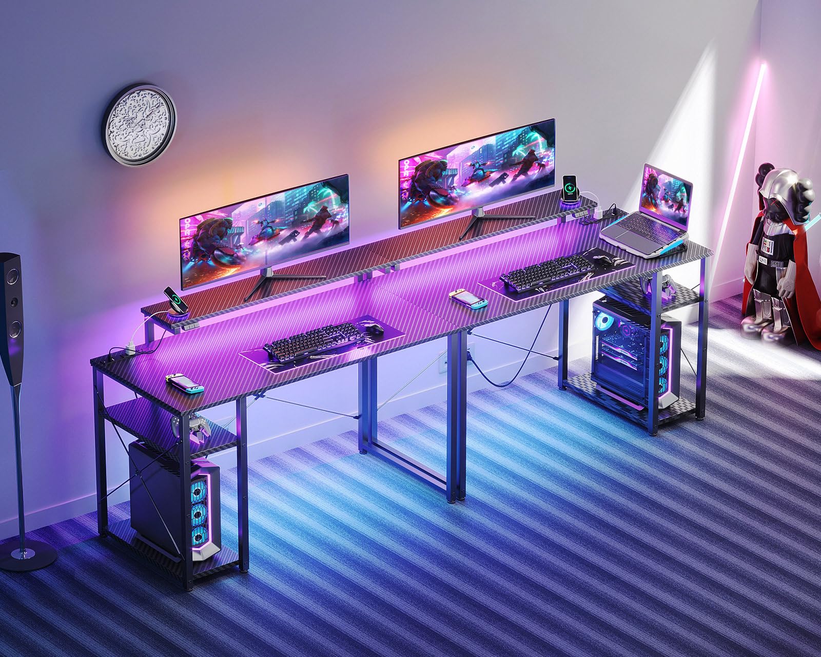 改MOTPK Gaming Desk with Led Lights &amp; Power Outlet, 40 Inch Small Gaming Computer Desk with Shelves, Reversible Gamer Desk Table with Adjustable Monitor Stand &amp; Headphone Hook, Carbon Fiber Texture