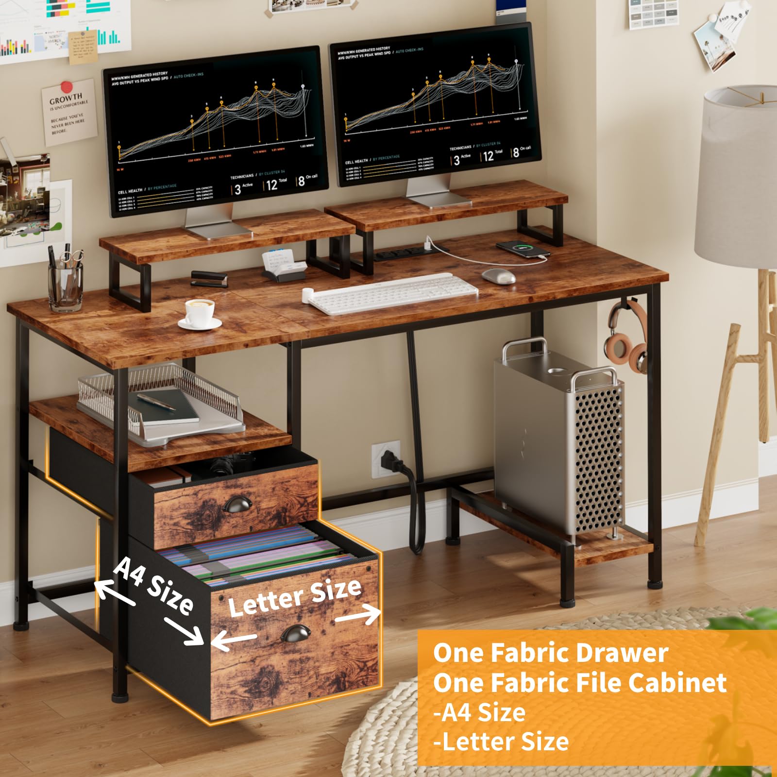 Computer Desk with Drawer and Power Outlets, 47" Office Desk with 2 Monitor Stands and Fabric File Cabinet, Writing Gaming Table with Shelves and 2 Hooks for Home Office, Rustic Brown