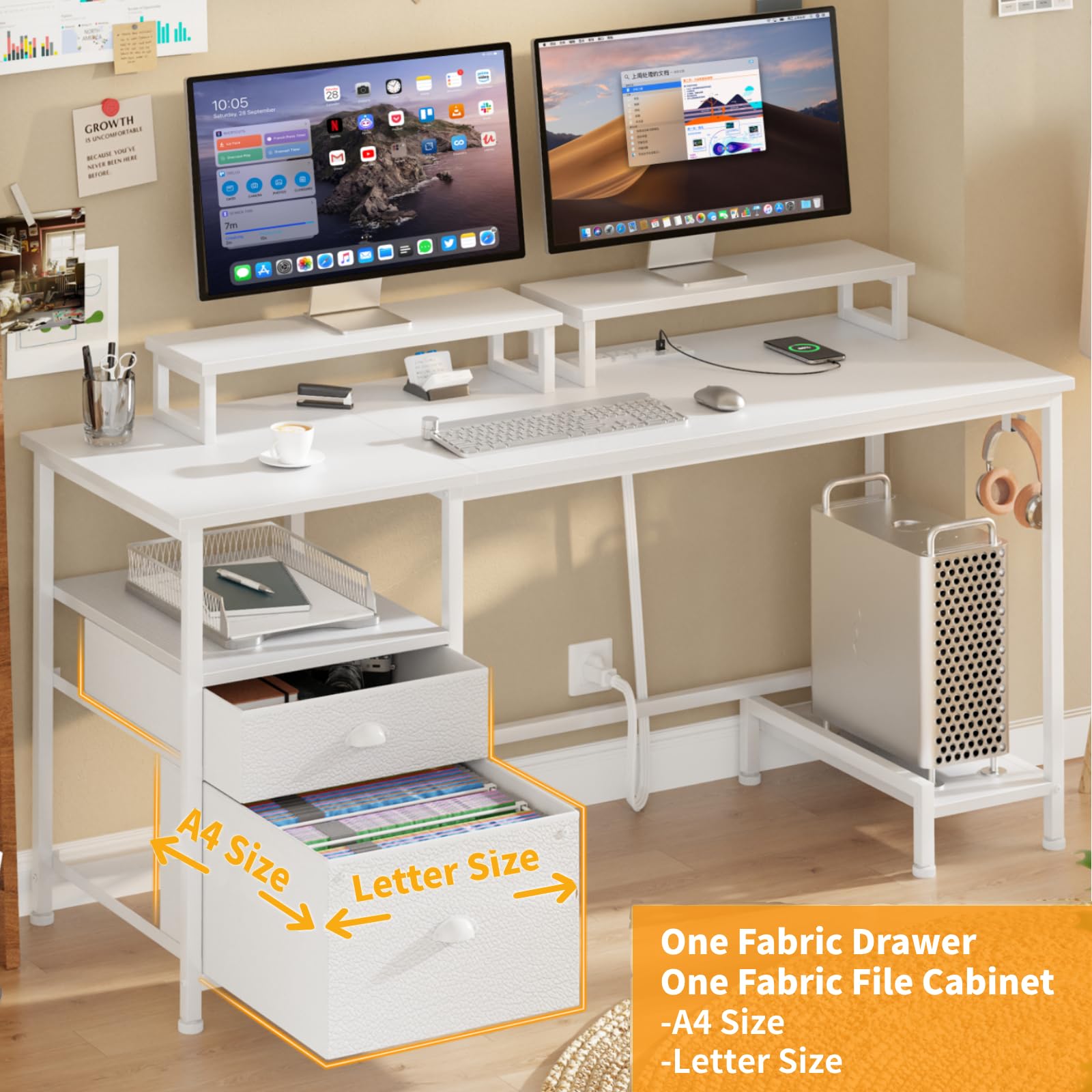 改Furologee Computer Desk with Drawer and Power Outlets, 47" Office Desk with 2 Monitor Stands and Fabric File Cabinet, Writing Gaming Table with Shelves and 2 Hooks for Home Office, Rustic Brown
