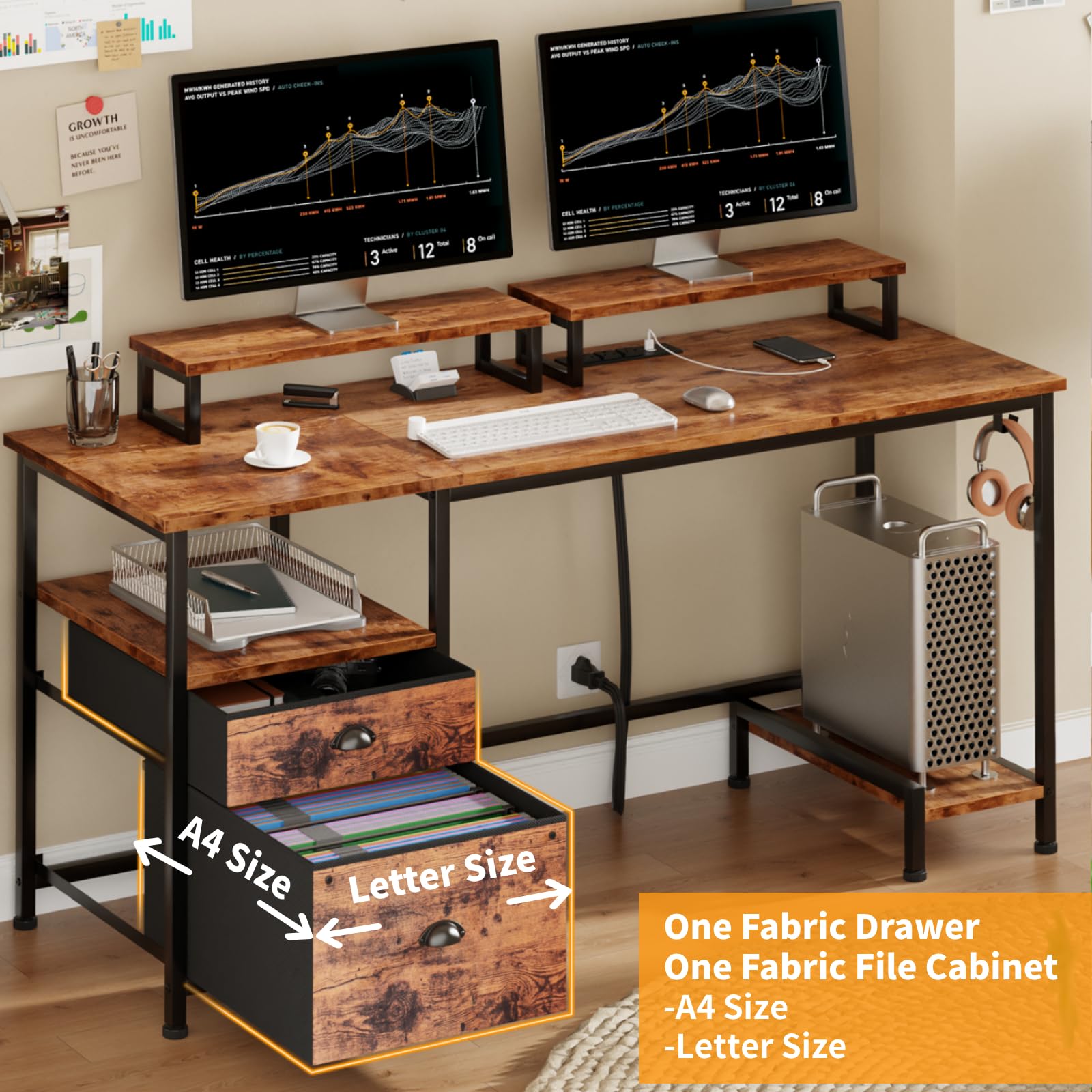 Computer Desk with Drawer and Power Outlets, 47" Office Desk with 2 Monitor Stands and Fabric File Cabinet, Writing Gaming Table with Shelves and 2 Hooks for Home Office, Rustic Brown