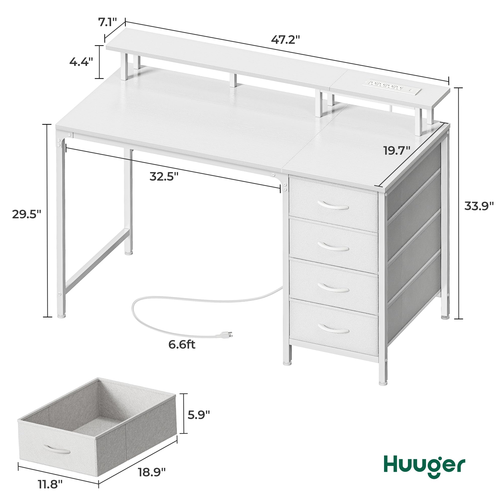 47 Inch Computer Desk with Power Outlets and LED Lights, Gaming Desk with 4 Drawers, Office Desk with Monitor Stand, Study Desk Work Desk for Home Office, Small Spaces, Black