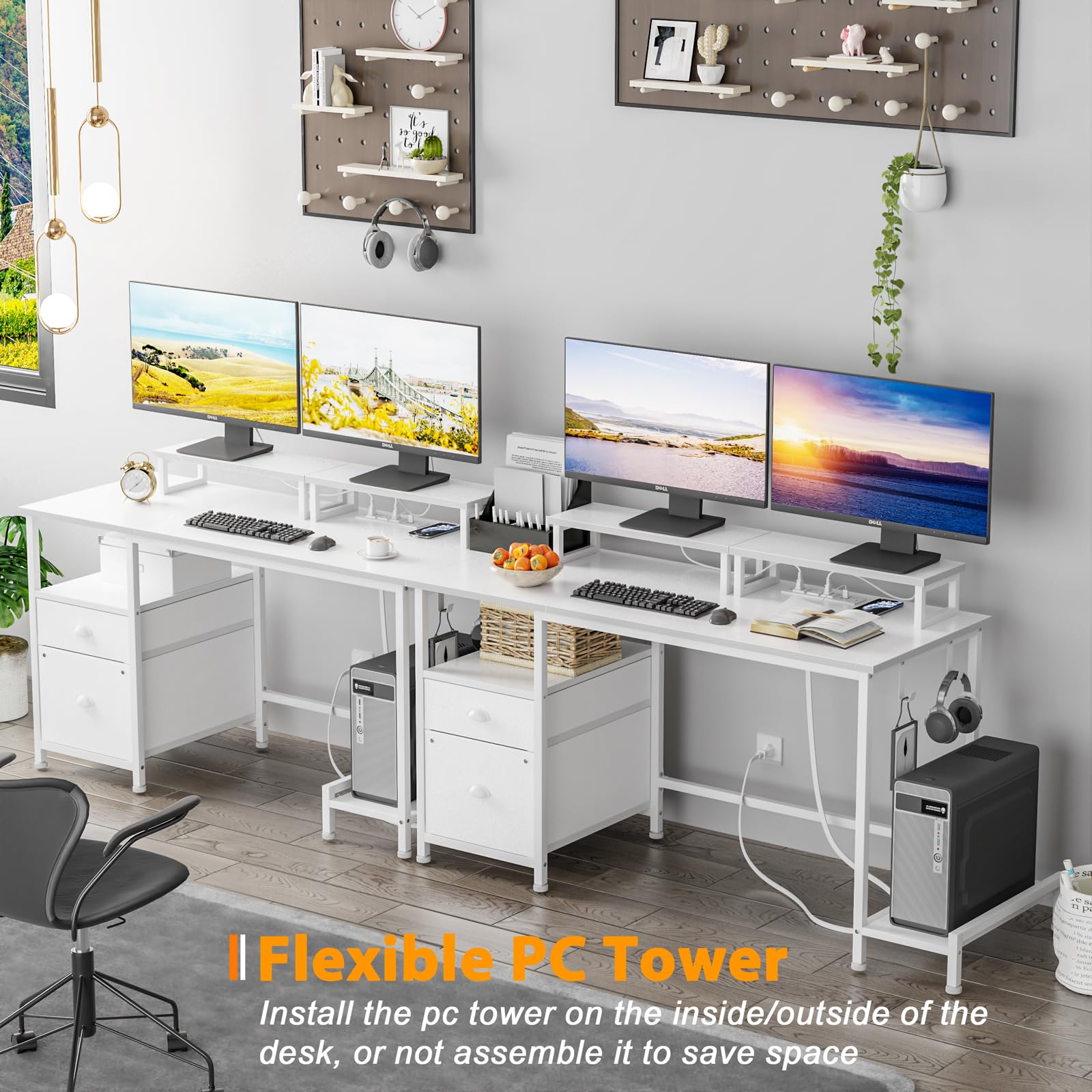 改Furologee Computer Desk with Drawer and Power Outlets, 47" Office Desk with 2 Monitor Stands and Fabric File Cabinet, Writing Gaming Table with Shelves and 2 Hooks for Home Office, Rustic Brown