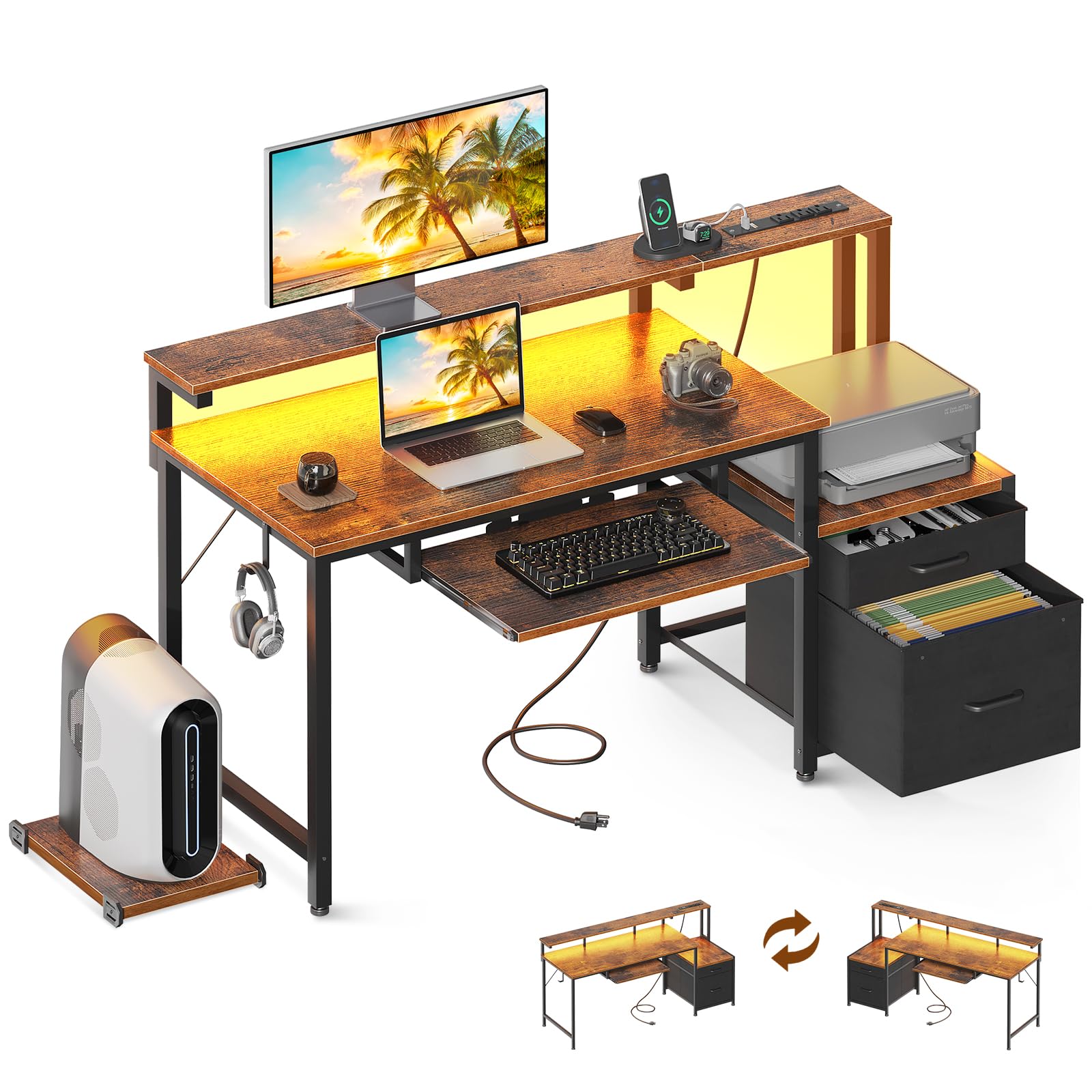 AODK 48" Computer Desk with Fabric File Cabinet and Drawer, Reversible Office Desk with Power Outlet and LED Light, Study Desk with Printer Stand, Keyboard Tray, Full Monitor Riser and PC Stand, White