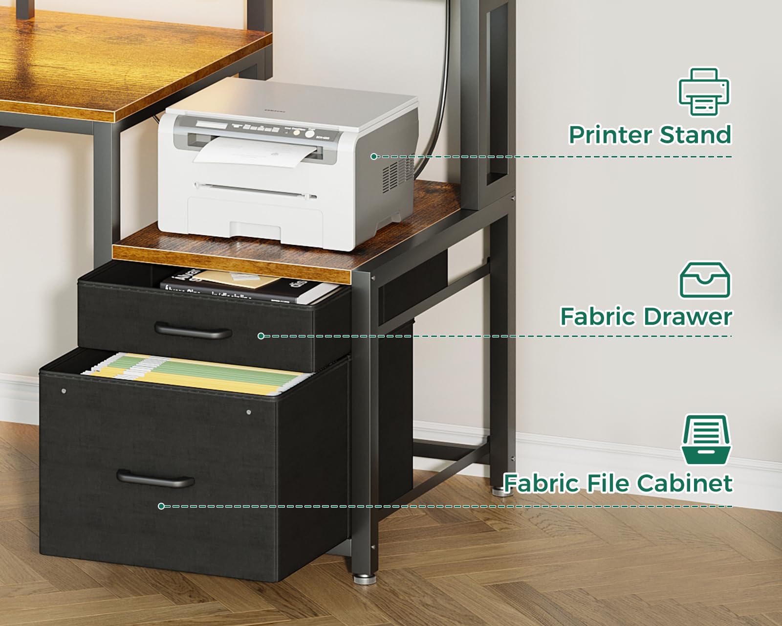 AODK 48" Computer Desk with Fabric File Cabinet and Drawer, Reversible Office Desk with Power Outlet and LED Light, Study Desk with Printer Stand, Keyboard Tray, Full Monitor Riser and PC Stand, White