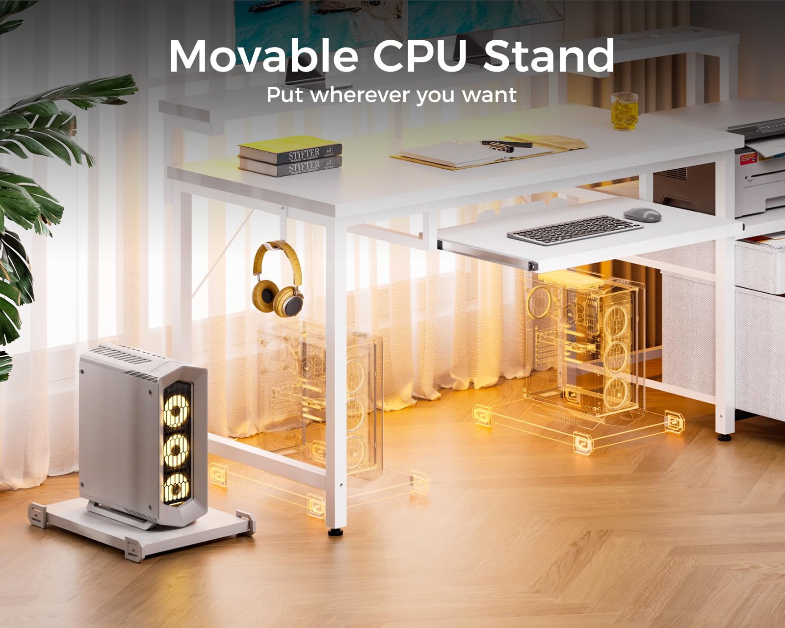AODK 48" Computer Desk with Fabric File Cabinet and Drawer, Reversible Office Desk with Power Outlet and LED Light, Study Desk with Printer Stand, Keyboard Tray, Full Monitor Riser and PC Stand, White