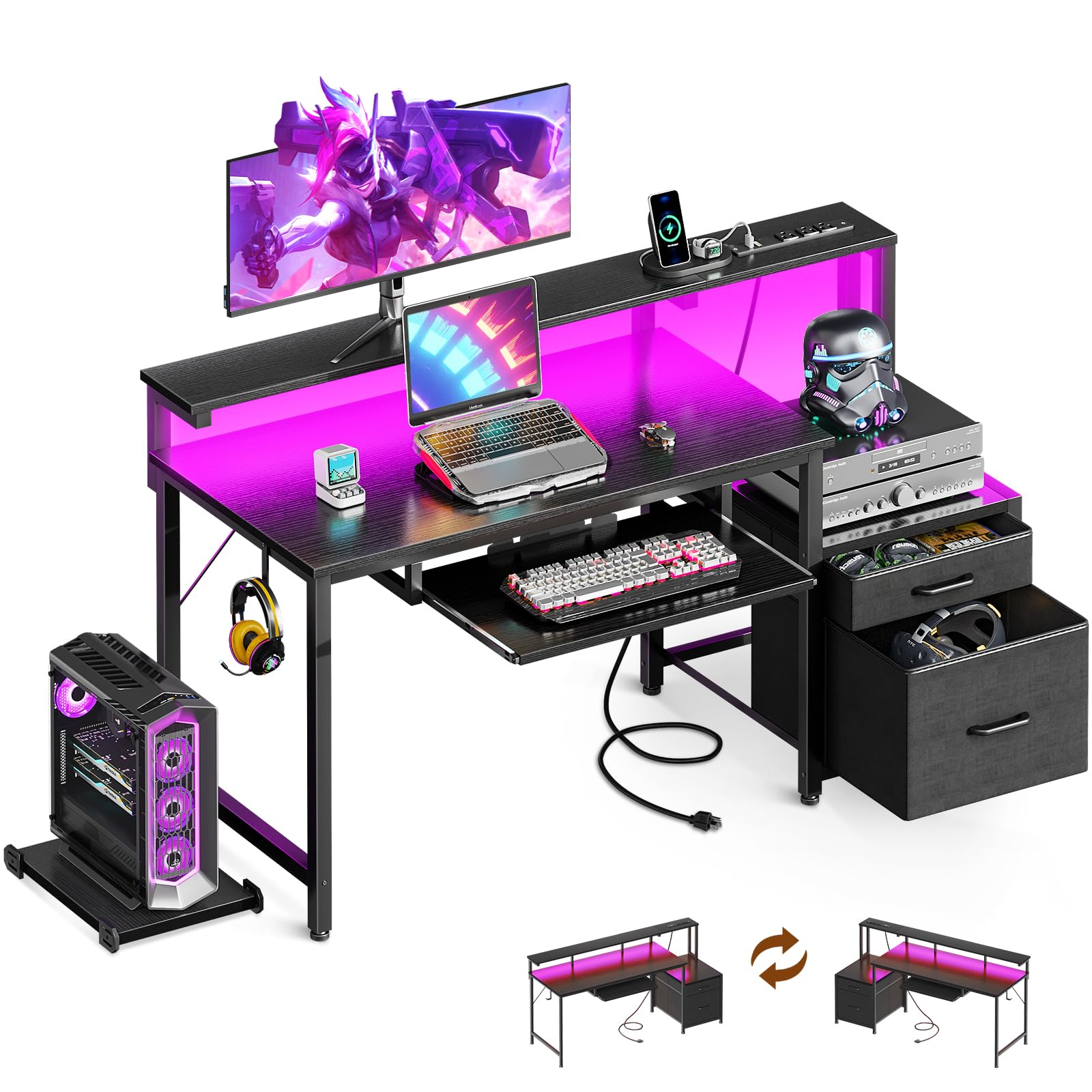 AODK 48" Computer Desk with Fabric File Cabinet and Drawer, Reversible Office Desk with Power Outlet and LED Light, Study Desk with Printer Stand, Keyboard Tray, Full Monitor Riser and PC Stand, White
