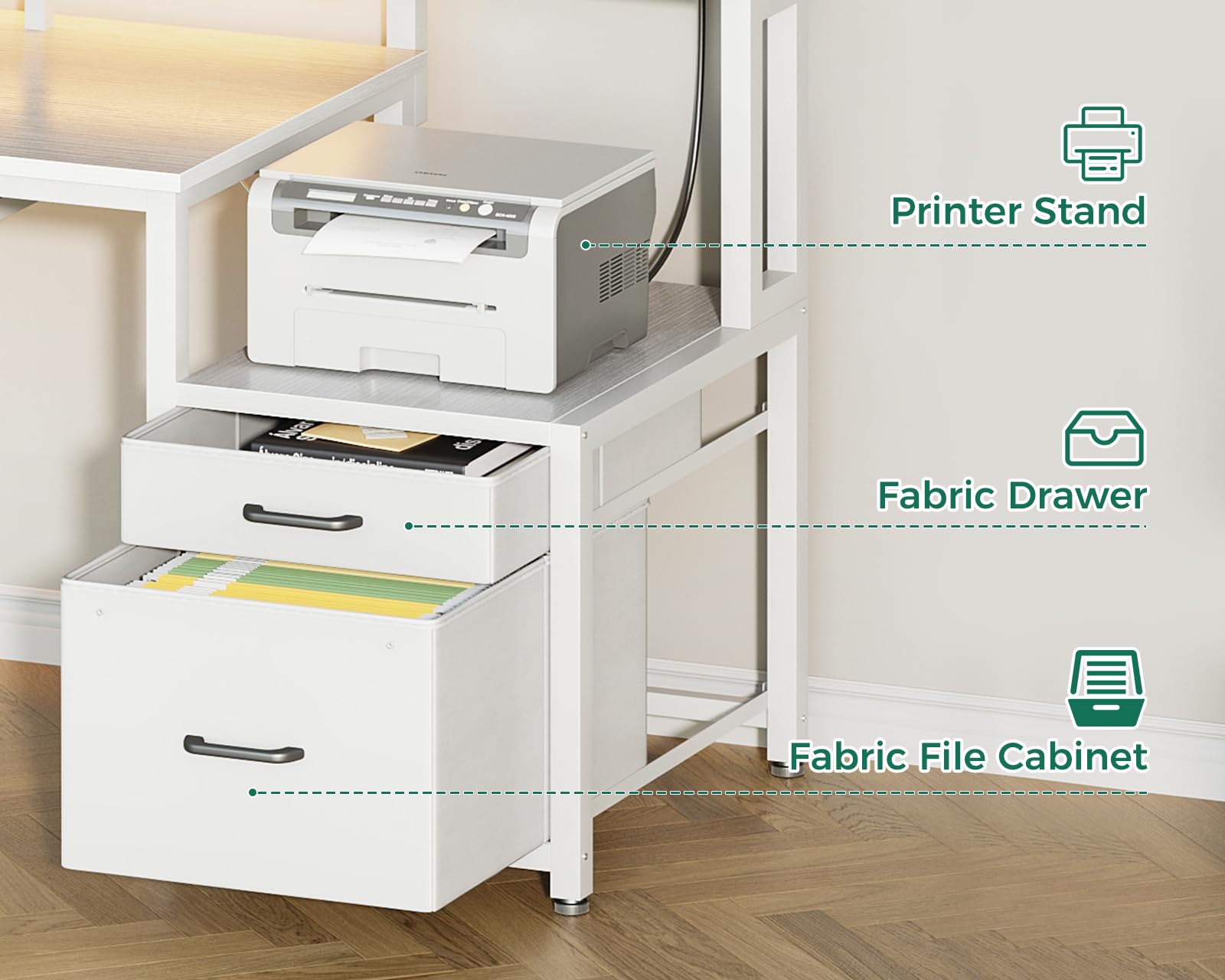 AODK 48" Computer Desk with Fabric File Cabinet and Drawer, Reversible Office Desk with Power Outlet and LED Light, Study Desk with Printer Stand, Keyboard Tray, Full Monitor Riser and PC Stand, White