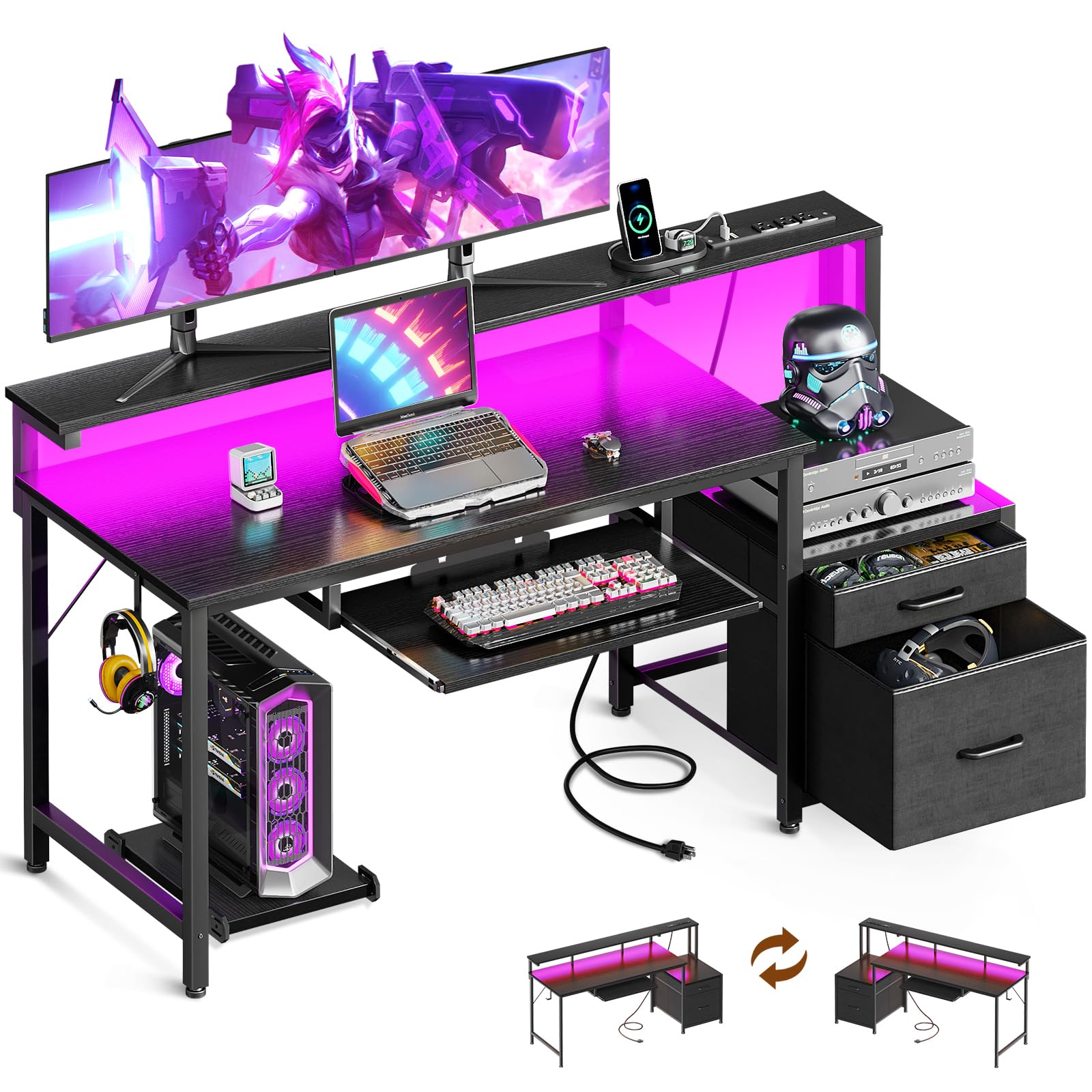 改AODK 48" Computer Desk with Fabric File Cabinet and Drawer, Reversible Office Desk with Power Outlet and LED Light, Study Desk with Printer Stand, Keyboard Tray, Full Monitor Riser and PC Stand, White