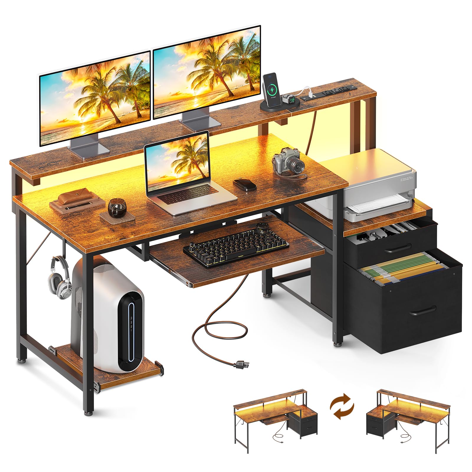 改AODK 48" Computer Desk with Fabric File Cabinet and Drawer, Reversible Office Desk with Power Outlet and LED Light, Study Desk with Printer Stand, Keyboard Tray, Full Monitor Riser and PC Stand, White