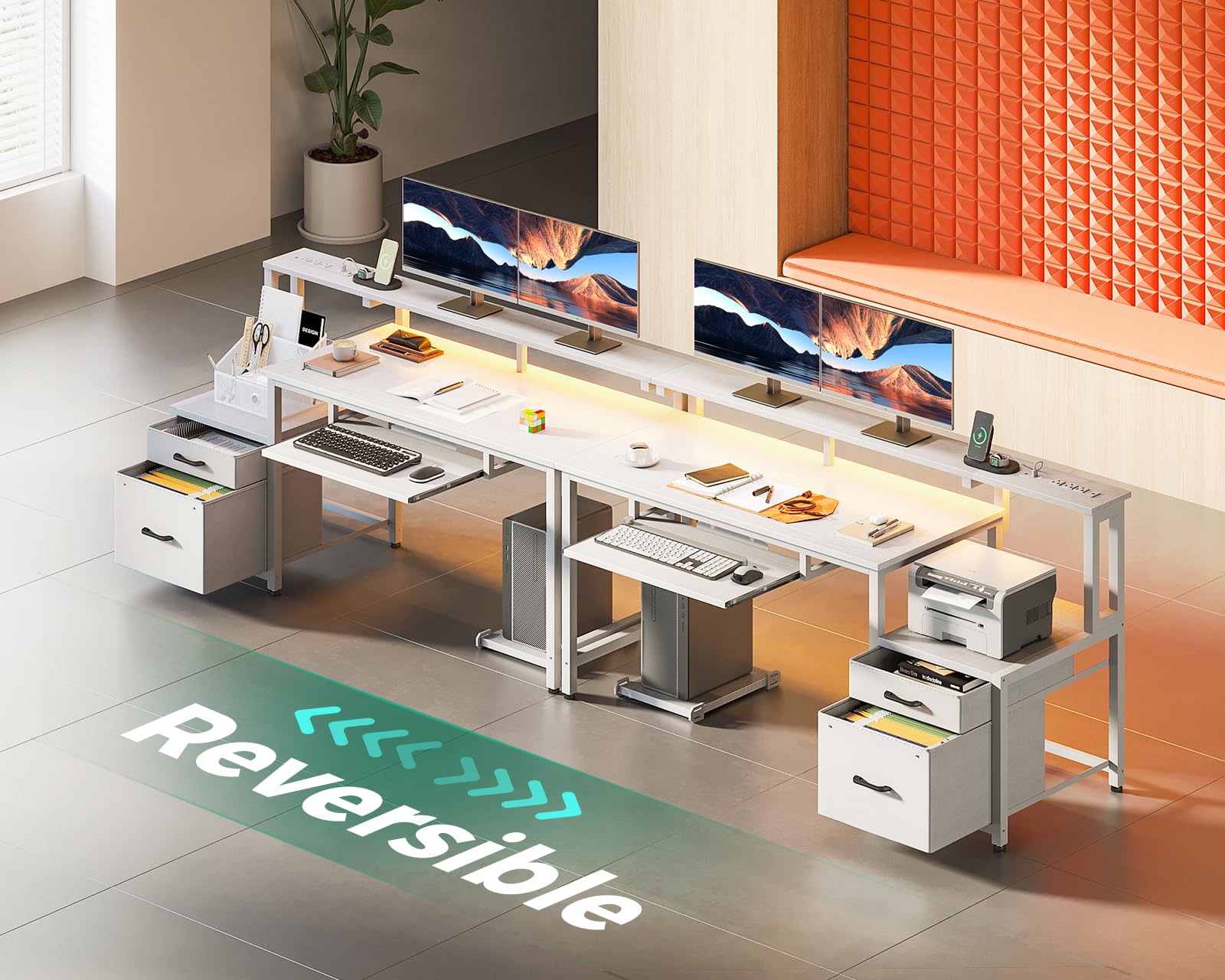 AODK 48" Computer Desk with Fabric File Cabinet and Drawer, Reversible Office Desk with Power Outlet and LED Light, Study Desk with Printer Stand, Keyboard Tray, Full Monitor Riser and PC Stand, White