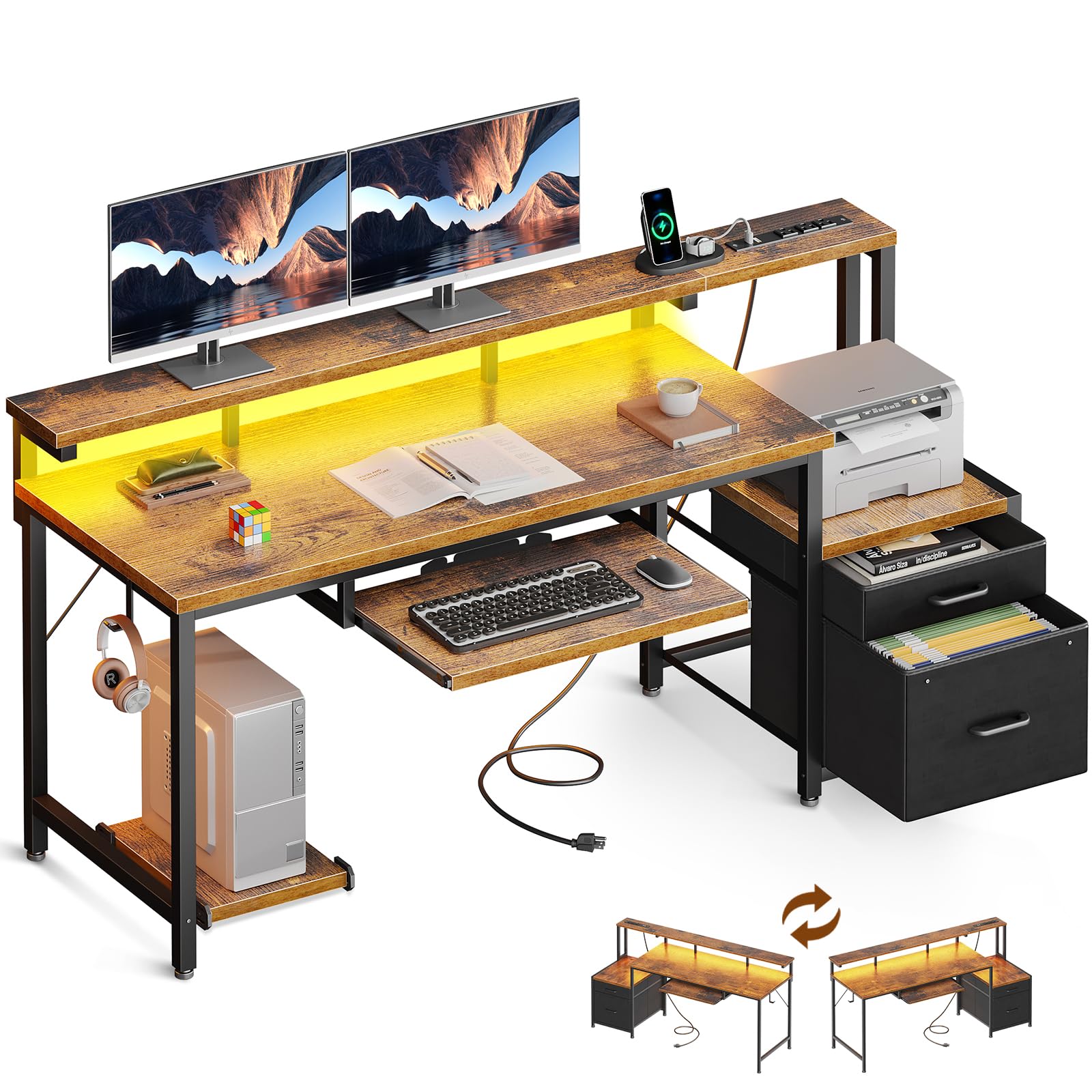 AODK 48" Computer Desk with Fabric File Cabinet and Drawer, Reversible Office Desk with Power Outlet and LED Light, Study Desk with Printer Stand, Keyboard Tray, Full Monitor Riser and PC Stand, White