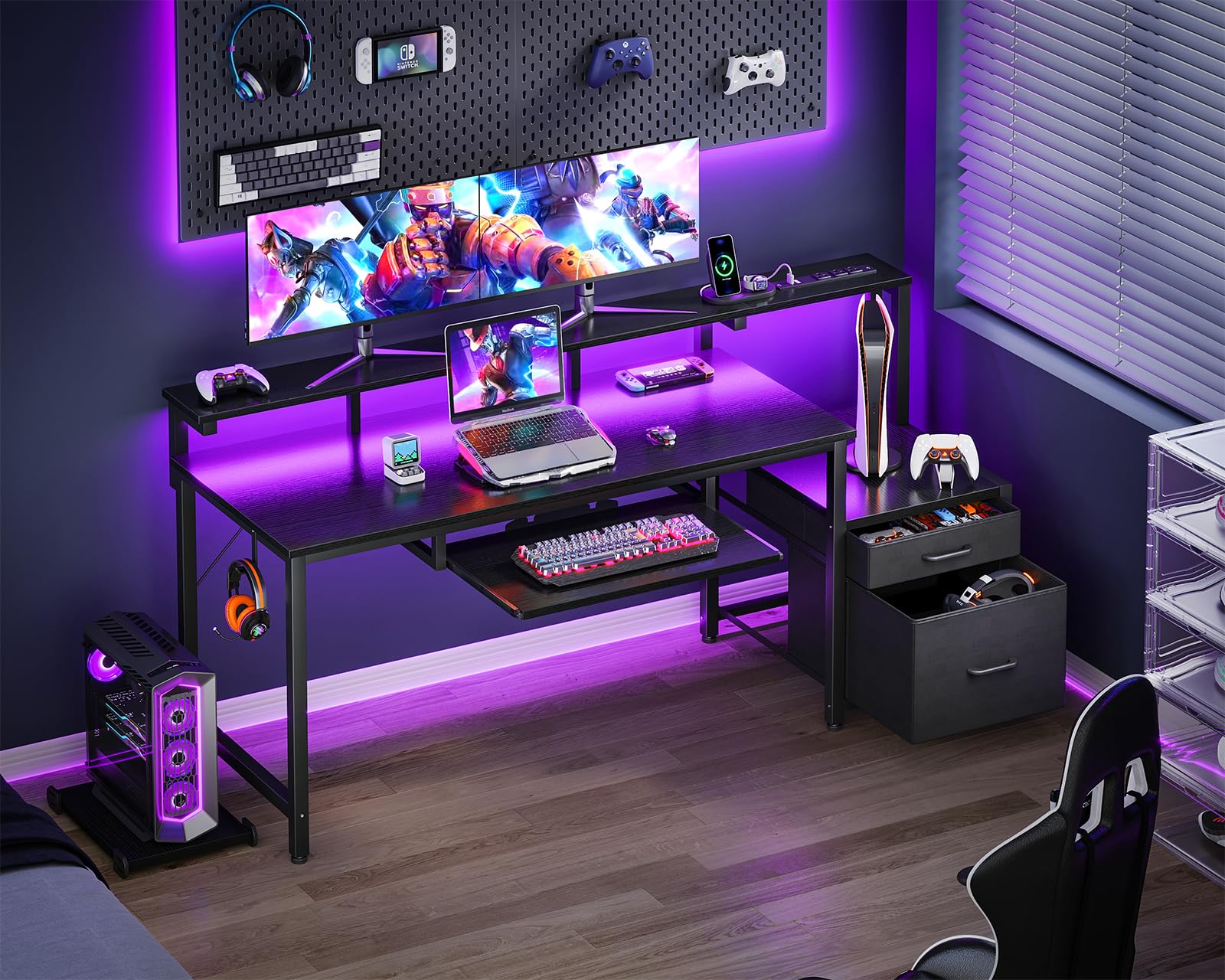 AODK 48" Computer Desk with Fabric File Cabinet and Drawer, Reversible Office Desk with Power Outlet and LED Light, Study Desk with Printer Stand, Keyboard Tray, Full Monitor Riser and PC Stand, White