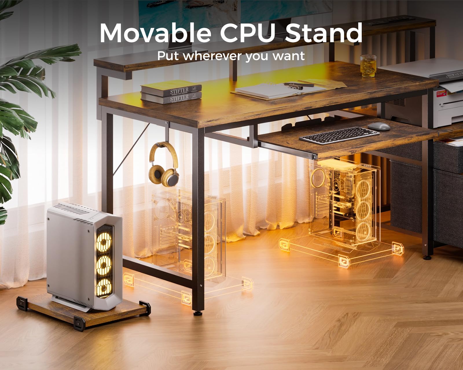 AODK 48" Computer Desk with Fabric File Cabinet and Drawer, Reversible Office Desk with Power Outlet and LED Light, Study Desk with Printer Stand, Keyboard Tray, Full Monitor Riser and PC Stand, White