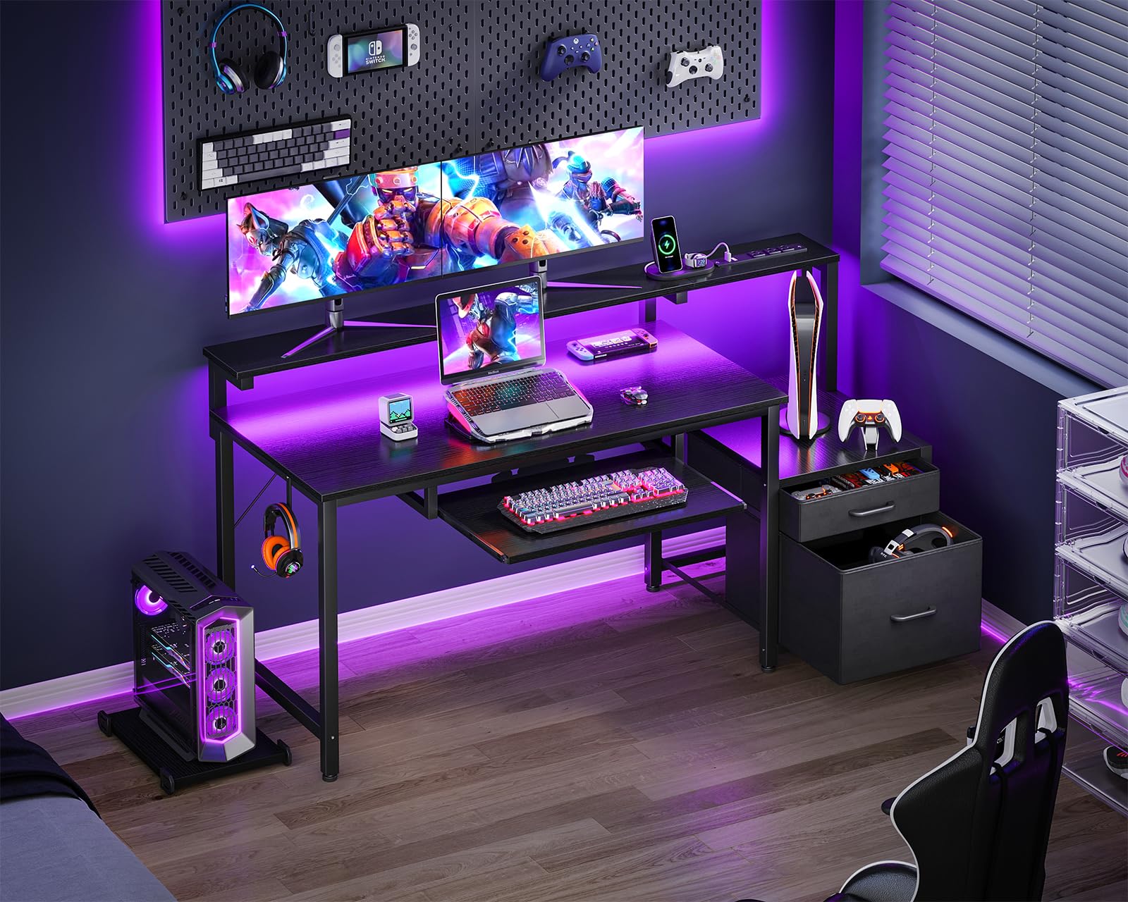 改AODK 48" Computer Desk with Fabric File Cabinet and Drawer, Reversible Office Desk with Power Outlet and LED Light, Study Desk with Printer Stand, Keyboard Tray, Full Monitor Riser and PC Stand, White