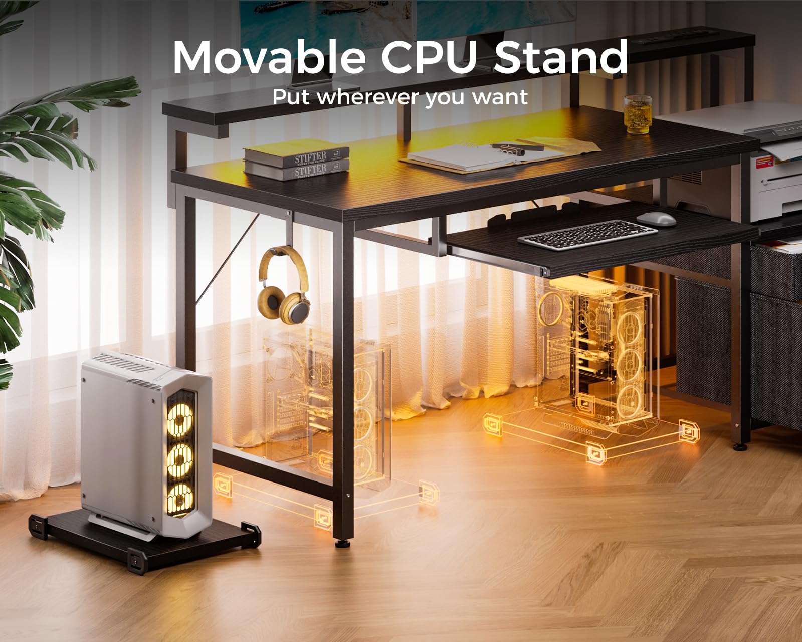 改AODK 48" Computer Desk with Fabric File Cabinet and Drawer, Reversible Office Desk with Power Outlet and LED Light, Study Desk with Printer Stand, Keyboard Tray, Full Monitor Riser and PC Stand, White