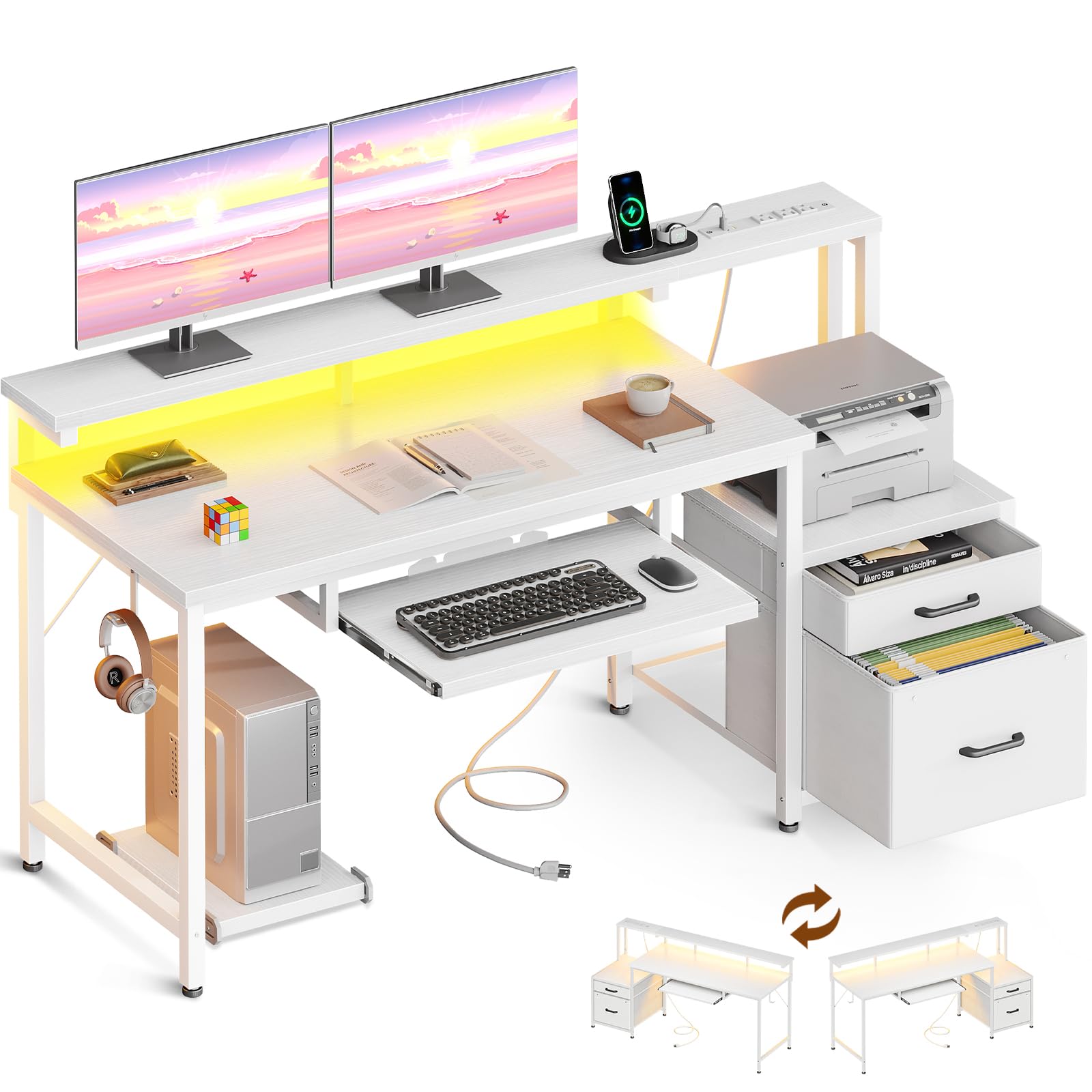 AODK 48" Computer Desk with Fabric File Cabinet and Drawer, Reversible Office Desk with Power Outlet and LED Light, Study Desk with Printer Stand, Keyboard Tray, Full Monitor Riser and PC Stand, White
