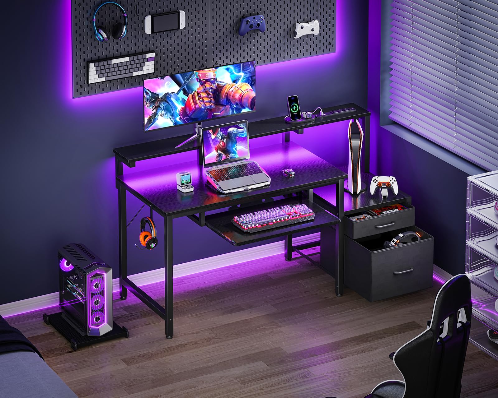 AODK 48" Computer Desk with Fabric File Cabinet and Drawer, Reversible Office Desk with Power Outlet and LED Light, Study Desk with Printer Stand, Keyboard Tray, Full Monitor Riser and PC Stand, White