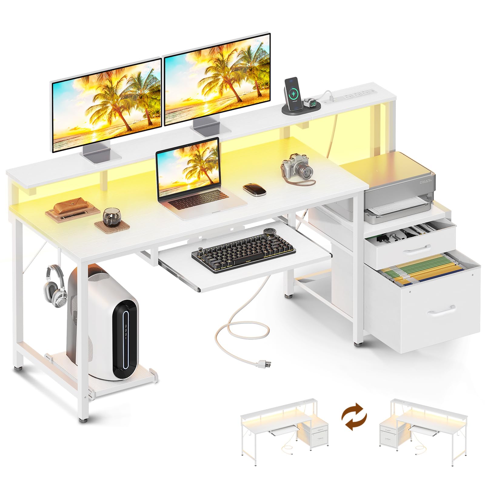 AODK 48" Computer Desk with Fabric File Cabinet and Drawer, Reversible Office Desk with Power Outlet and LED Light, Study Desk with Printer Stand, Keyboard Tray, Full Monitor Riser and PC Stand, White