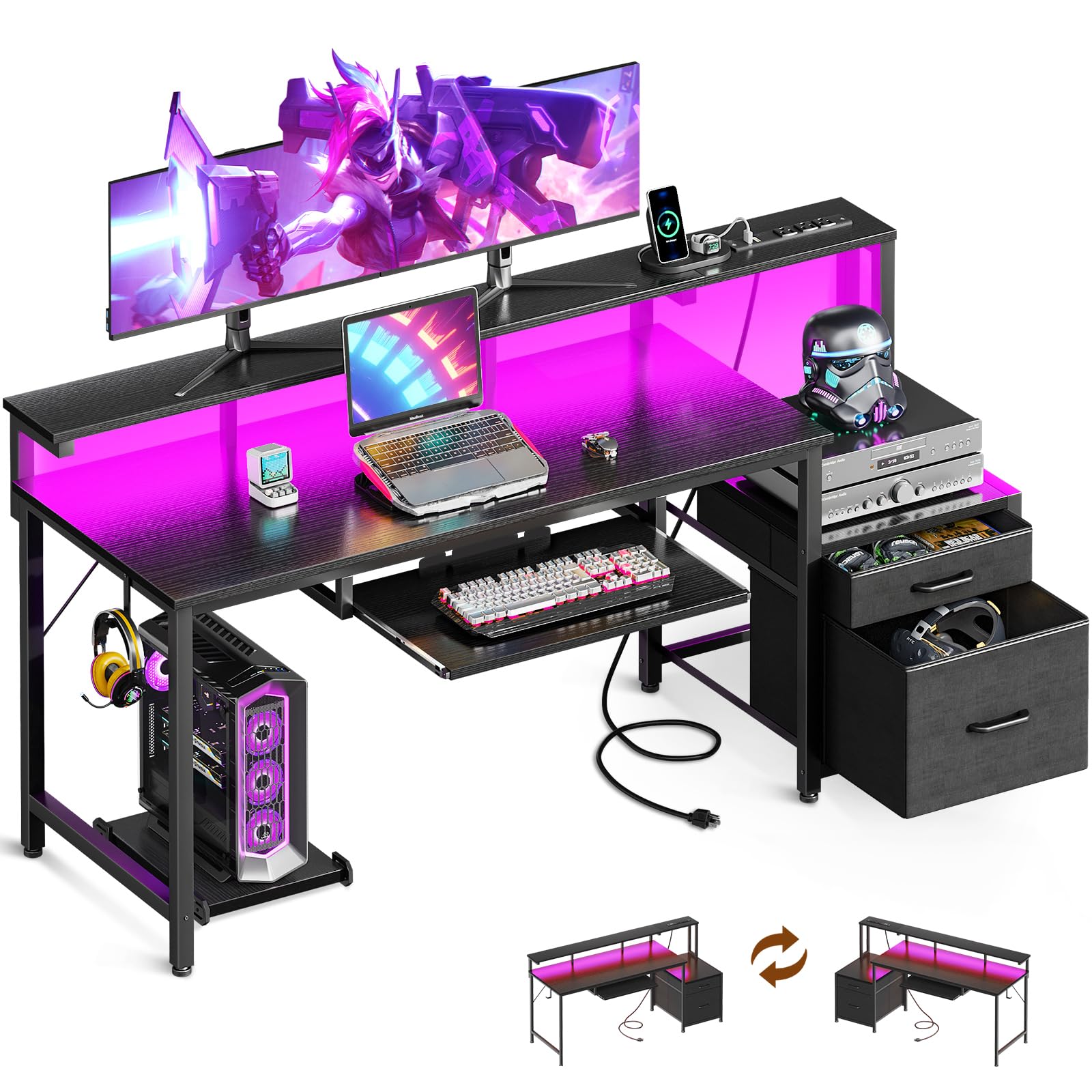 AODK 48" Computer Desk with Fabric File Cabinet and Drawer, Reversible Office Desk with Power Outlet and LED Light, Study Desk with Printer Stand, Keyboard Tray, Full Monitor Riser and PC Stand, White
