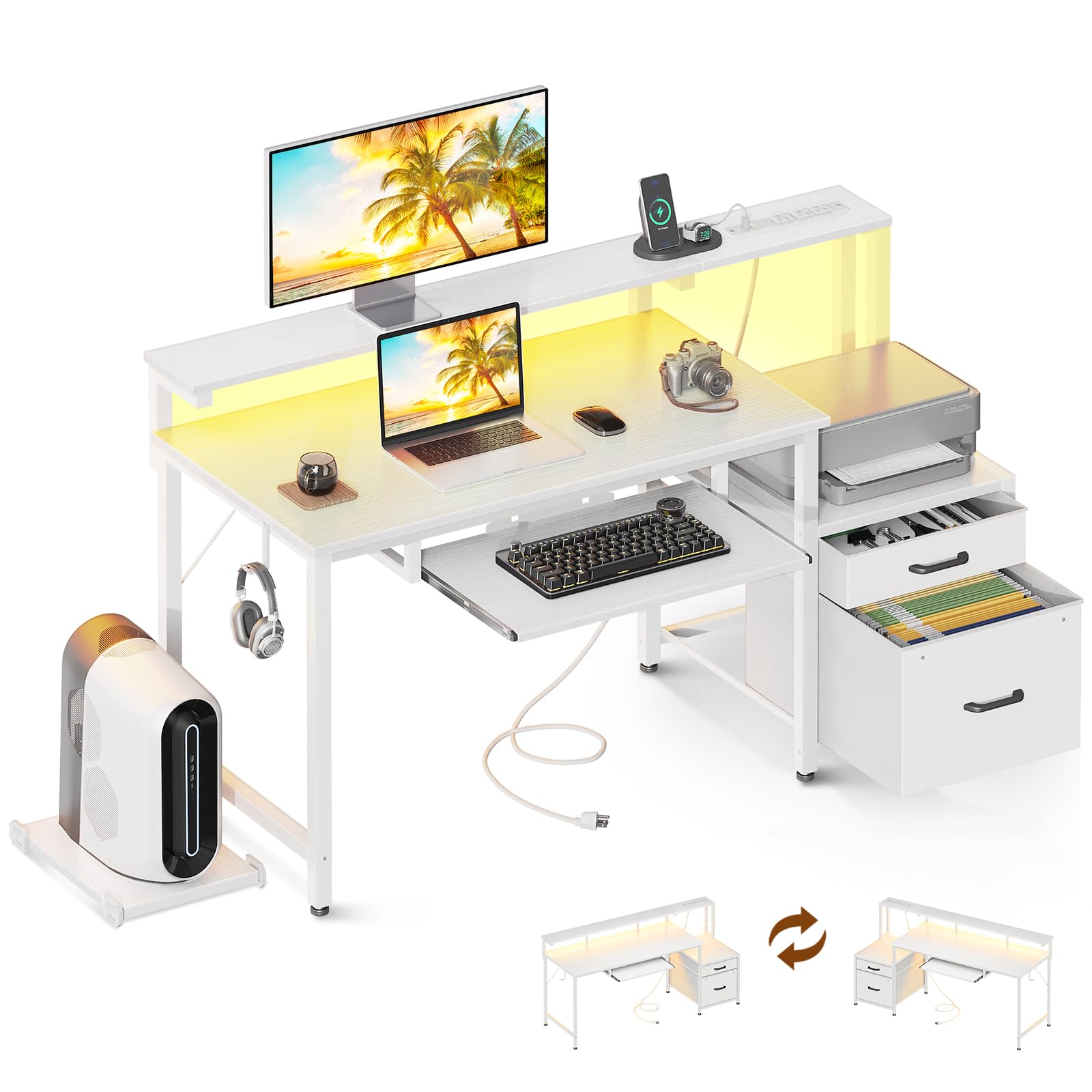 AODK 48" Computer Desk with Fabric File Cabinet and Drawer, Reversible Office Desk with Power Outlet and LED Light, Study Desk with Printer Stand, Keyboard Tray, Full Monitor Riser and PC Stand, White