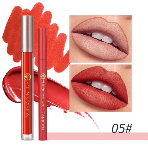 YOUNG VISION Lip Glaze + Lip Liner set liquid Lip Liner Waterproof non-stick cup Moisturizing easy color 12 color lip gloss