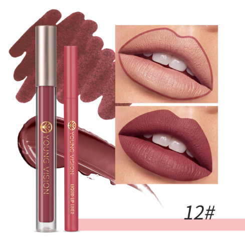 YOUNG VISION Lip Glaze + Lip Liner set liquid Lip Liner Waterproof non-stick cup Moisturizing easy color 12 color lip gloss