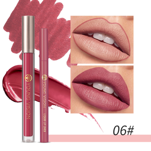 YOUNG VISION Lip Glaze + Lip Liner set liquid Lip Liner Waterproof non-stick cup Moisturizing easy color 12 color lip gloss