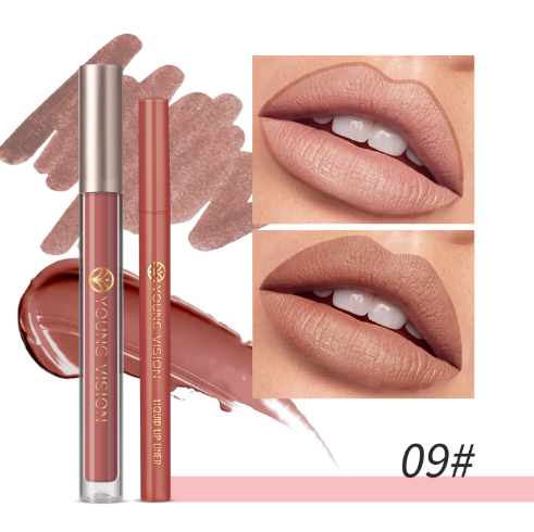 YOUNG VISION Lip Glaze + Lip Liner set liquid Lip Liner Waterproof non-stick cup Moisturizing easy color 12 color lip gloss
