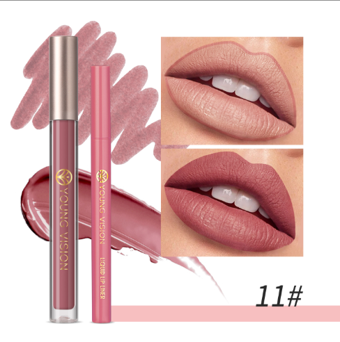 YOUNG VISION Lip Glaze + Lip Liner set liquid Lip Liner Waterproof non-stick cup Moisturizing easy color 12 color lip gloss