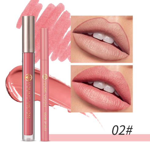 YOUNG VISION Lip Glaze + Lip Liner set liquid Lip Liner Waterproof non-stick cup Moisturizing easy color 12 color lip gloss