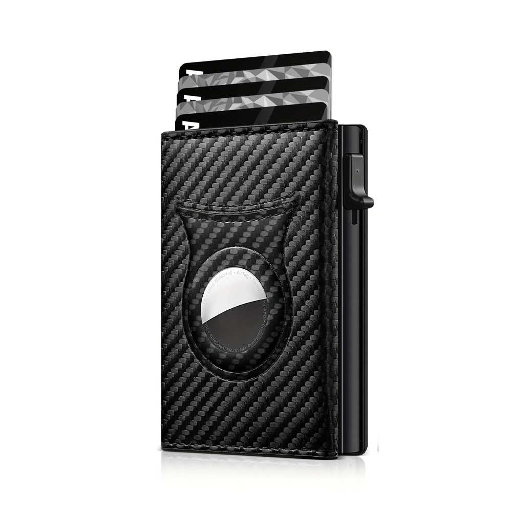 Mens Smart Wallet Card Holder for AirTag: Leather, Compatible with Apple Air Tag, RFID Blocking, Slim, Carbon Fiber, Minimalist - 9-14 Card Capacity | ID Window | Cash Slot