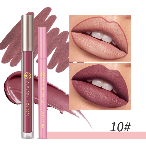 YOUNG VISION Lip Glaze + Lip Liner set liquid Lip Liner Waterproof non-stick cup Moisturizing easy color 12 color lip gloss