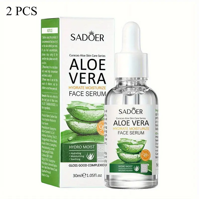 SADOER Pure Aloe Gel Duo 2x30ml fast-absorbing essence for all skin types. Preservative-free, fragrance-free, with dropper. Hydrates 72hrs, reduces redness. EWG Verified.