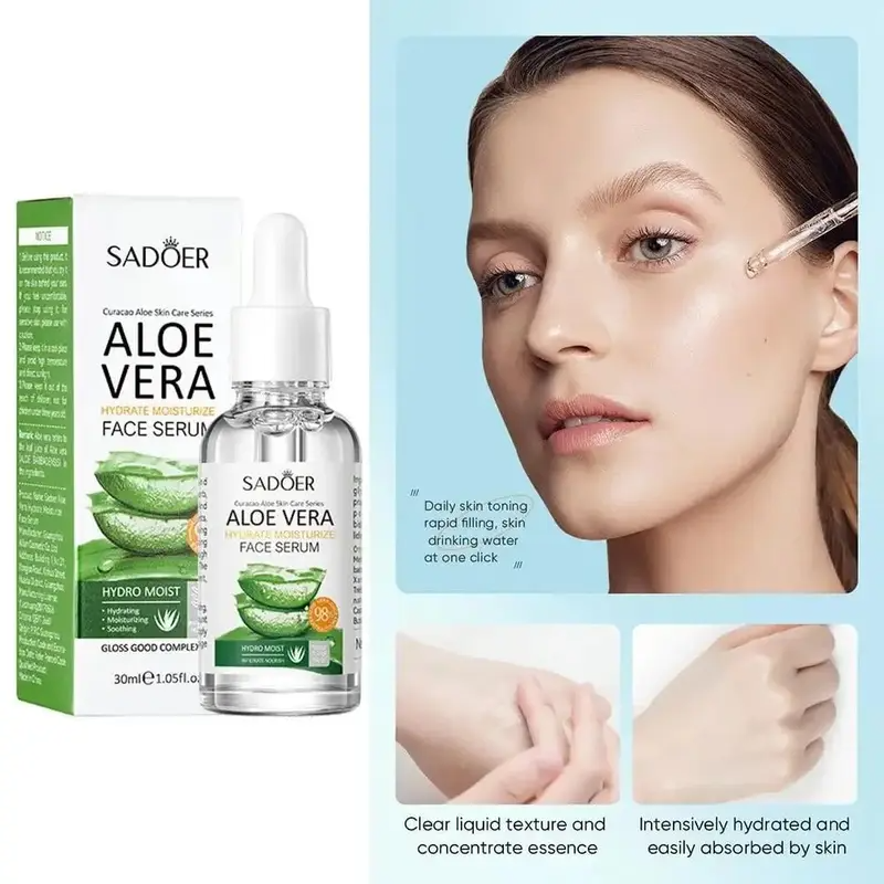 SADOER Pure Aloe Gel Duo 2x30ml fast-absorbing essence for all skin types. Preservative-free, fragrance-free, with dropper. Hydrates 72hrs, reduces redness. EWG Verified.