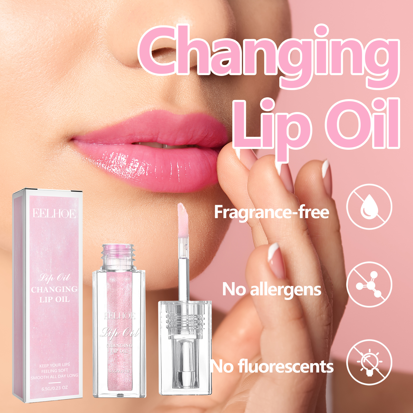 Color-changing lip oil, lightens and smoothes fine lines on lips, moisturizes and prevents dryness and cracking, and color-changing lip care