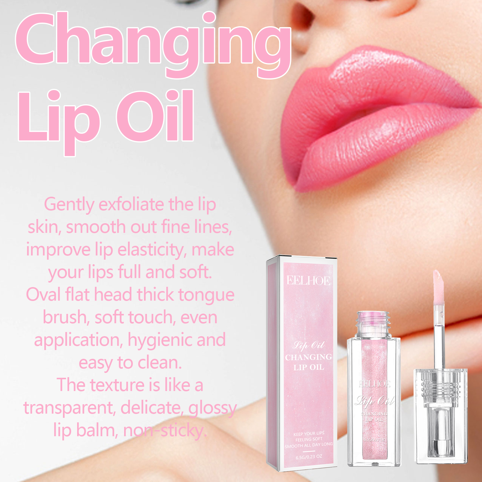 Color-changing lip oil, lightens and smoothes fine lines on lips, moisturizes and prevents dryness and cracking, and color-changing lip care