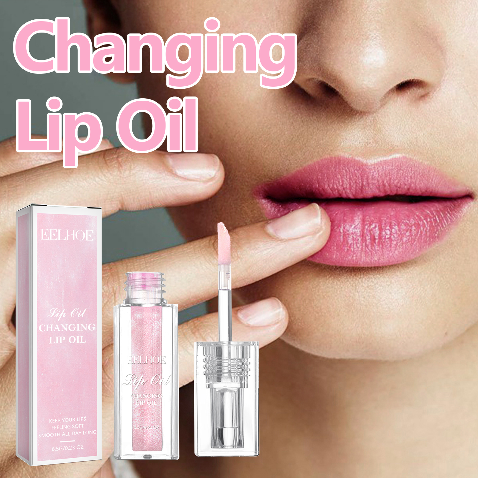 Color-changing lip oil, lightens and smoothes fine lines on lips, moisturizes and prevents dryness and cracking, and color-changing lip care