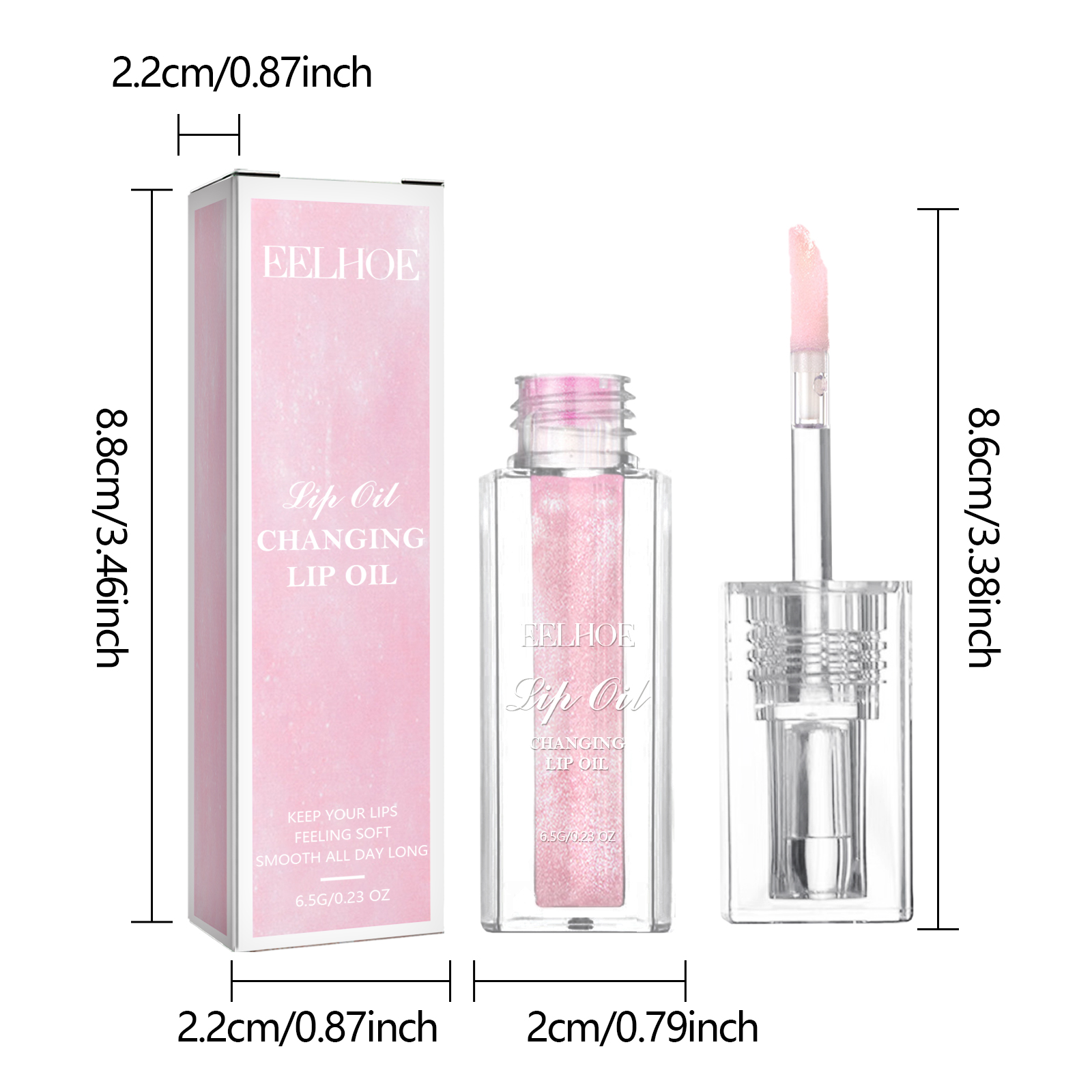 Color-changing lip oil, lightens and smoothes fine lines on lips, moisturizes and prevents dryness and cracking, and color-changing lip care