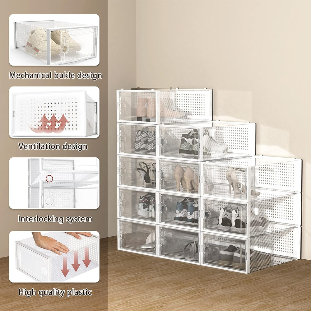 Shoe storage box, set of 12 transparent plastic stackable shoe storage boxes, suitable for closets, interlocking design shoe containers, suitable for sneakers, foldable shoe rack with lid