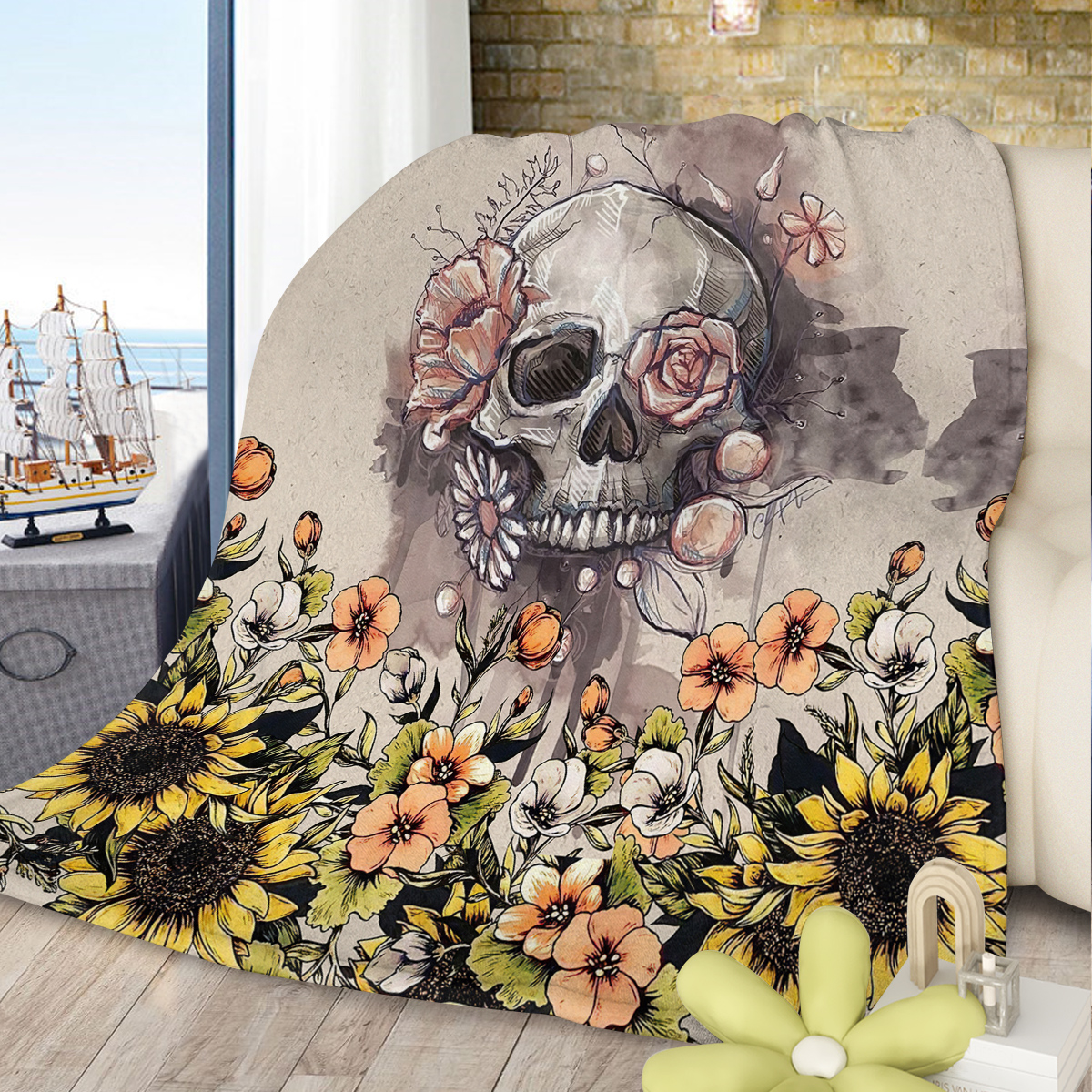 Rustic Skull Sunflower Flannel Throw Blanket Floral Skull Flannel Soft Plush Throw Blanket Cozy Blankets for Bed Chair Car Sofa Couch Bedroom 30*40，50*60 Inches