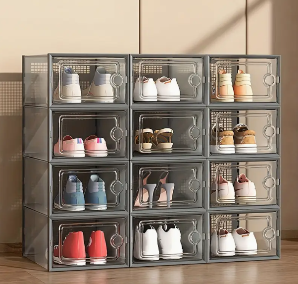 Shoe storage box, set of 12 transparent plastic stackable shoe storage boxes, suitable for closets, interlocking design shoe containers, suitable for sneakers, foldable shoe rack with lid