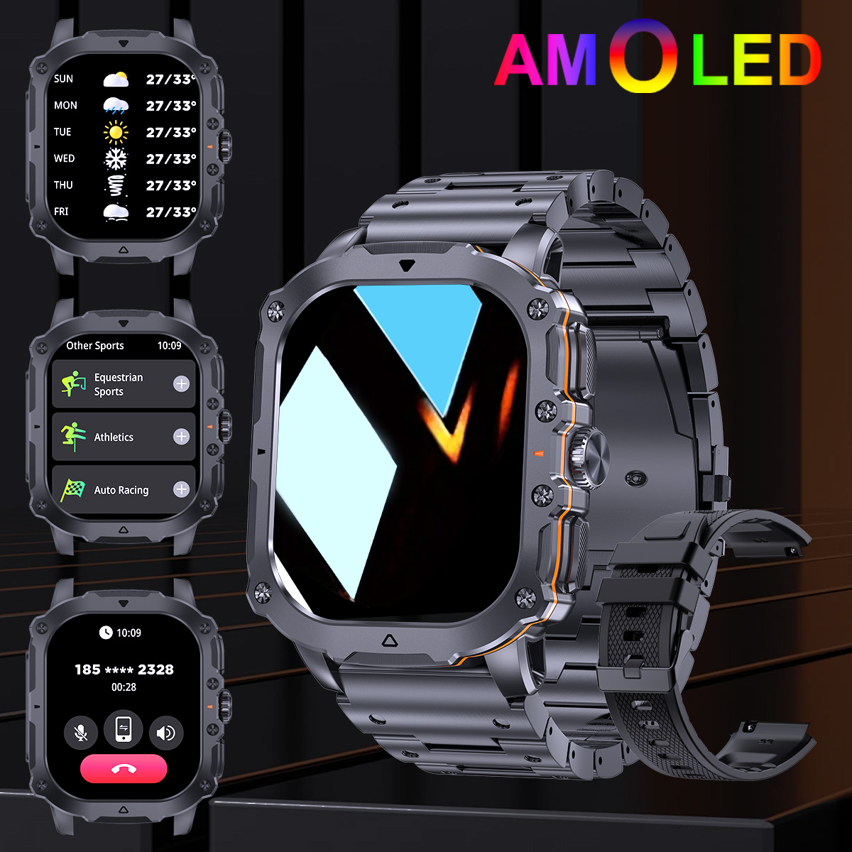 Smartwatch for Men(Answer/Make Calls), AMOLED HD Touch Screen Smart Watch With Voice Assistant/Message Reminder/Pedometer/Weather Forcest/Sport Modes, Fashion Outdoor Fitness Watch With