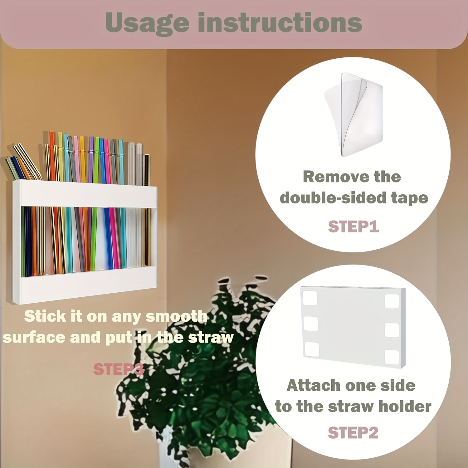 Straw Holder, Cabinet Straw Organizer With Double Sided Adhesive Tape, Tall Drinking Straws Dispensers, Reusable Straws Storage Container For Cupboard, Kitchen Countery
