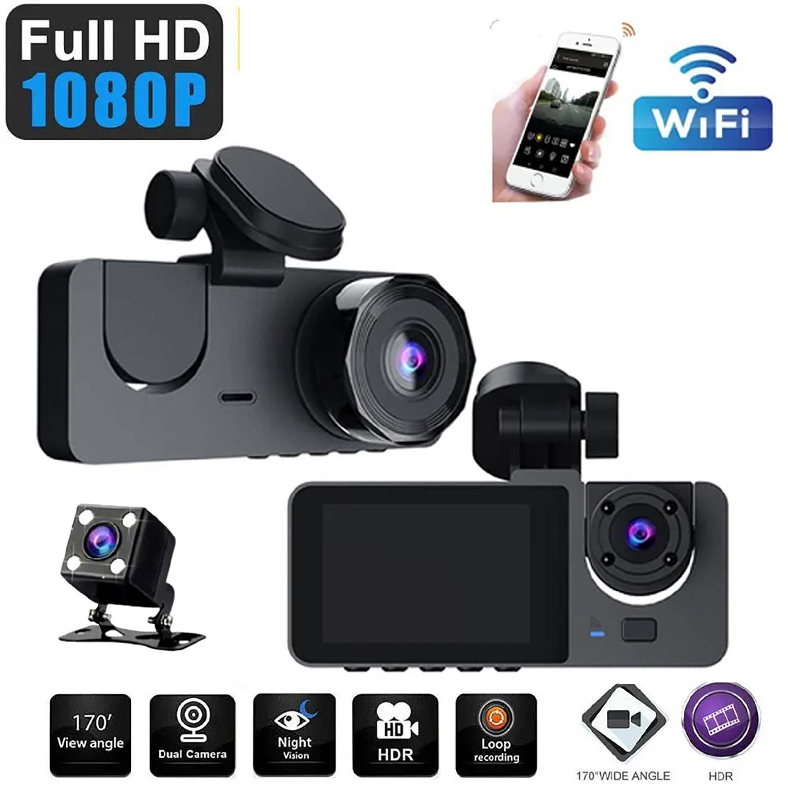 Dash Cam, 3 Channel Dash Cam, 1080P Dash Cam Front ,Inside and Rear with 32GB Card, Dash Cam with IR Night Vision, Dash Camera With Loop Recording, HDR, G-Sensor, 24Hr Parking,Front Rear Dash Cam Loop