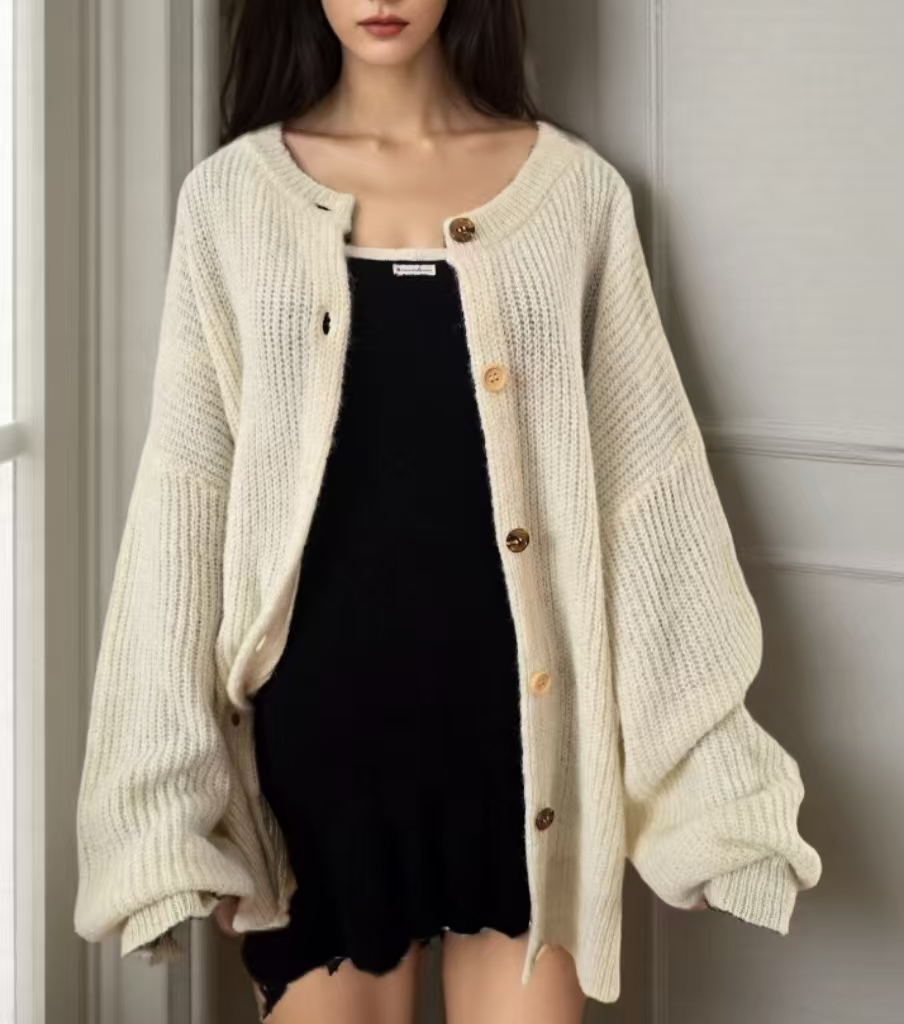 Women's Knit Cardigan Sweater - Contrast Button Down Chunky Knitwear with Gold Thread Cuffs, Loose Long Sleeve Spring Fall Cardigan